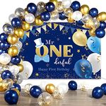 Birthday Decoration Mr. Onederful Boys 1st Birthday Party Supplies 1st Happy Birthday Backdrop Photography Background with Balloons for Baby Toddler Little Man First Birthday Decor (Blue and Gold)