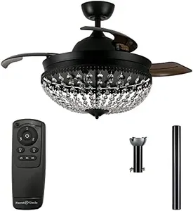 Parrot Uncle Ceiling Fans with Lights and Remote Black Retractable Ceiling Fan for Bedroom Crystal Chandelier Ceiling Fans, 42 Inch