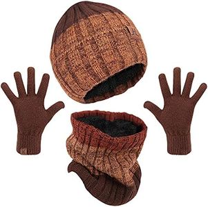MAYLISACC Brown Unisex 3-in-1 Winter Accessory Set: Knit Beanie Hat, Neck Warmer Scarf, Anti-Slip Touchscreen Gloves - Men's & Women's Winter Hats & Gloves Set