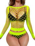 RSLOVE Fishnet Babydoll Women Sexy Mesh Lingerie Free Size Bodysuit See Through Shirts Long Sleeve Flourescence Yellow