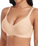 JURDUIR Seamless Bras for Women Wireless No Underwire Comfort Push Up Bra Adjustable Plunge V Neck Bralettes with Bra Extender(Beige,XL)