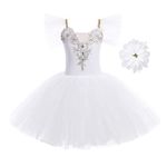 Toddler Kid Girls Sequins Beads Swan Lake Costume Glitter Ruffle Lace Ballet Dance Tutu Dress Camisole Leotard Skirted with Hair Clip Ballerina Dancewear Outfit for Stage Performance White 9-10 Years