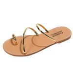 Women's Strappy Sandals Metal Toe Ring Flats Shoes Summer Fashionable Wrap Open Toe Flip Flops Casual Summer Beach Slippers Sandals Women Beach Dressy(Gold,7)