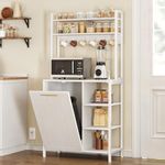 DWVO White Bakers Rack with Trash Can Bin Cabinet and Power Outlet, Microwave Stand Cabinet with 6 Hooks, 6-Tiers Farmhouse Kitchen Tall Thickened Coffee Bar Table Station with Storage Shelf