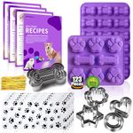 123 Pcs Homemade Dog Treat Molds Silicone,Dog Treat Cookie Cutters,Including 2 Doggy Treat Mold,5+12 Cookie Cutters and, 4 Dog Treat Recipes Card, 50 Dog Treat Bags & 50 Gold Twist Tie