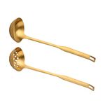 2 Pieces Gold Metal Soup Ladle Colander Set, Long Handle Stainless Steel Kitchenware Cookware Serving Spoon Cooking Utensil for Hotpot