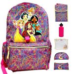 Disney Princess Backpack for Girls 16 inch - 6-Piece Set, Princess Bookbag with Lunch Box, Ideal for Back to School & Elementary Age Girls