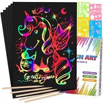 Mocoosy 60Pcs Scratch Art Paper for Kids - Rainbow Magic Scratch Off Paper Art and Craft Kit Scratch Note Black Doodle Pads with 4 Stencils 5 Wooden Stylus for Party Favor Game Activities Gift