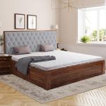 Sheeshamwallah Wooden King Size Bed with Box Storage for Bedroom, Grey Upholstered Cushioned Headboard, Sheesham Solid Wood, Teak Finish, Mattress Size: 78 X 72 Inch