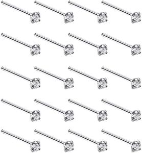 Silver Set of 20 Round Clear Simulated Diamond Nose Stud Box 1.5 mm Straight, Sterling,Metal,Stone,Diamond