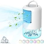 HYNXM Portable Air Cooler, 500ml Mobile Air Conditioner Fan, 4 In 1 Mini Evaporative Air Cooler, 3 Wind Speed and 7 LED Light, 2-4 H Timing Personal Air Cooler Fan, White, (L18531)