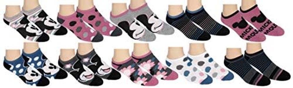 Disney Womens Mickey Mouse No Show Ankle Socks 10 Pair Pack Multi-Color, Multicolored, One Size