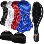 4+2 Silky Durags with Wave Brush for Men 360, Curved Medium/Hard Hair Brush Kits,A