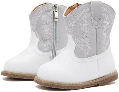 BMCiTYBM Baby Cowboy Cowgirl Boots Infant Western Boots Toddler Boys Girls Round Toe Ridingl Boots for All Seasons 6 9 12 18 24 Months White Grey Size 5 Toddler