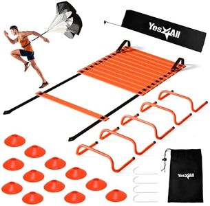 Yes4All Speed Training Equipment Set: 15ft Agility Ladder, Resistance Parachute, 5 Agility Hurdles, 12 Disc Cones with Carry Bag/Strap