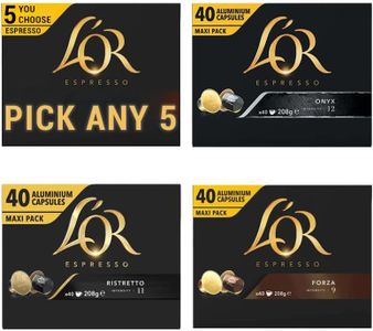 L'Or Espresso Coffee Pods PICK ANY 5 from 3 different blends flavour inc. Forza, Ristretto and Onyx - Nespresso®* Compatible Aluminium Coffee Capsules - Each pack 40 pods, Total 200 pods (200 Drinks)
