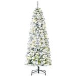 HOMCOM 6FT Prelit Artificial Snow Flocked Christmas Tree with Warm White LED Light, Holiday Home Xmas Decoration, Green White