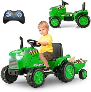 COSTWAY 12V Tracteur Électrique Enfant avec Remorque Amovible & Télécommande, Voiture Électrique à 6 Pneus avec Lumière LED & Musique & Cheminée, 2,5-3,5km/h, Charge 30kg pour Enfant de 3-8 Ans