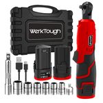 werktough Power Cordless Ratchet Wrench 3/8" Tool Kit with 2 Pack Li-ion Batteries with 6 Sockets, Extension Bar and 1 Type C USB Cable Red