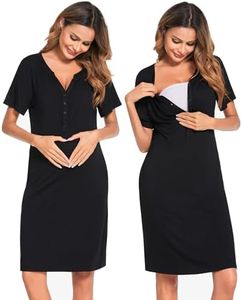 Ekouaer Nursing Nightgown Striped Women Short Sleeve Breastfeeding Sleep Dress Maternity Delivery/Labor Gown Solid Black M