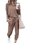 PRETTYGARDEN Women's 2024 Fall Two Piece Outfit Long Sleeve Crewneck Pullover Tops And Long Pants Tracksuit (Dark Khaki,Small)