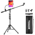 TONOR Mic Stand, Microphone Stand with Tablet Holder, Tripod Boom Arm for Floor, Adjustable Height and Angle, Heavy Duty DJ Stand with Carrying Bag, Phone and iPad Clamp