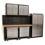 Seville Classics HD 7 Piece Standard Garage Storage System Timber Workbench, Steel Upright Cabinet and Overhead Hanging Wall Cabinets