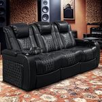 HKUVUKH Home Theater Seating - Italian Leather - Power Recline Sofa - Fold-Down Table - Powered Headrests - Arm Storage - USB Charging - Cup Holders, Black