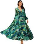 R.Vivimos Women Chiffon Print V Neck Long Sleeve Tie Waist Casual Boho Maxi Dresses (Medium,Green)