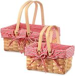 2 Pieces Different Sizes Picnic Baskets Natural Woven Basket with Double Folding Handles, Woodchip Basket Easter Basket for Easter Egg Candy Halloween Storage(Red and White)