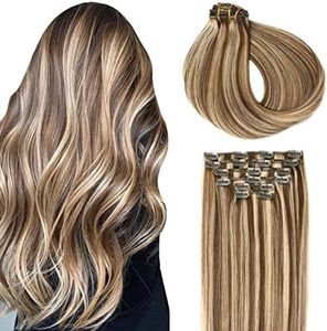 SURNEL Hair Extensions Clip in Human Hair Balayage Mixed Color 4 Chocolate Brown to Highlighted 27 Dark Blonde Hair Extensions For Women 6 Pcs 16 inch 100g Clip in Hair Extensions (C#4P27, 16'')