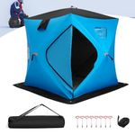 Goplus Pop-Up Ice Fishing Tent, 2-Person Insulated Ice Shanty w/Padded Walls,Windows,Zippered Door,Air Vents,Carrying Bag, Anchors,Tie Ropes, Winter Ice Hose, Portable Ice Fishing Shelter (Blue)