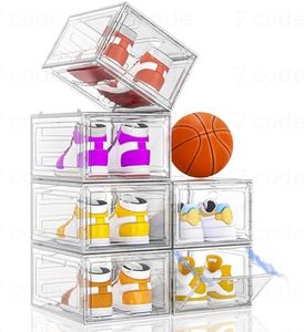 【Thicken & Sturdy】Clear Shoe Storage Organizer with Magnetic Door, Stackable Boxes for Closet, Foldable Space-Saving Shoe Rack for Sneaker Boot Container, Plastic Shoe Box 6 Pack, White