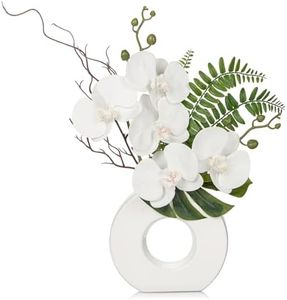 Briful Orchid Artificial Flowers 16.1'' White Orchid Silk Flowers with Ceramic Vase Faux Orchid Arrangement for Home Office Table Centerpiece Indoor Decoration