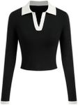 CIDER Women’s Long Sleeve Crop Tops Knitted Color Block Collared V Neck Going Out Tops Basic Tee Shirts: Black, L