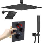 NPYSVSSS Dual Shower Heads Shower System with 16" Ceiling Mounted Rain Shower Head & 6" Wall Mounted Head Full Body Shower System 3 Way Thermostatic Shower Valve Can All Run Together, Matte Black