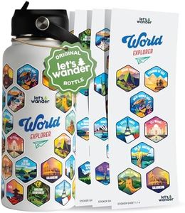 LET'S WANDER World Explorer Adventure Water Bottle with 50 Waterproof Stickers - 32oz Leakproof Insulated Stainless Steel with Straw - Travel Goal Gift Bottle (White)
