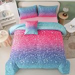 PERFEMET 6Pcs Pink Full Size Comforter Sets for Girls Colorful Rainbow Glitter Kids Bedding Set Sparkly Pastel Ombre Teen Girl Bed in A Bag Comforter Set with Sheets (Pink Blue, Full)