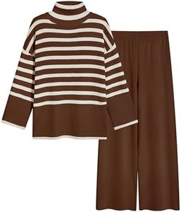 Tanming Women's Sweater Sets Long Sleeve Striped Jumper Tops Casual Knit Wide Leg Pants Sets (Brown-L)