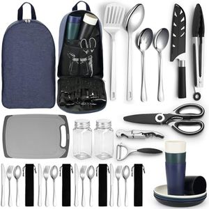 HOMQUEN Camping Essential Attrezzatura da tavola da Campeggio, Utensili da Cucina da Campeggio Camper Accessori da Campeggio, Escursioni all'aperto, Picnic, Barbecue Regali, Strumenti da Campeggio