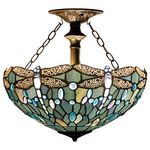 WERFACTORY Tiffany Ceiling Light Fixture Sea Blue Stained Glass Dragonfly Semi Flush Mount Lamp Wide 16 Inch Height 15 Inch Tiffany Ceiling Lamp S147 Series