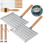 2Pcs Hot Dog Roller for Grill with 6PCS BBQ Skewers 1PCS Sauce Brush - BBQ Hotdog Roller Grill, Stainless Steel Sausage Roller Rack with Wood Handle, Barbecue Roller Tools, 9.4 x 7.1 Inch