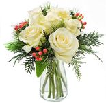 KaBloom Holiday Collection: Noel White Roses Accented with Red Berries and Seasonal Greens with Vase.Gift for Christmas, Valentine's, & Mother’s Day Fresh Flowers