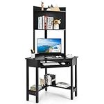 CASART Triangular Corner Desk, Study Writing Desk with Top Hutch, Open Shelf & Keyboard Tray, Compact Wooden PC Laptop Table Computer Workstation for Bedroom Study Office (Black)