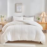 WARMDERN White Boho Duvet Cover Set King Size, Striped Textured Duvet Cover Tufted Bedding Set, 3 Pcs Ultra Soft Washed Microfiber Duvet Cover with Zipper Closure (King, White)