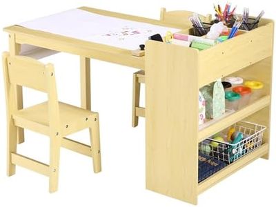 GarveeHome Kids Art Table with 2 Chairs, Toddler Craft Play Wood Activity Desk with Large Storage Shelves for Writing Drawing,Nursery, Children's Wooden Furniture for Classroom Daycares,Home