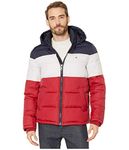 Tommy Hilfiger Men's Midlength Puffer Jacket with Fixed Hood, Midnight/White/Red, Medium