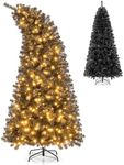 Goplus 7 FT Artificial Halloween Tree, Pre-Lit Black Christmas Tree with Bendable Top Section, 1050 Branch Tips, 340 Warm White LED Lights, Metal Stand, Hinged Xmas Tree for Office Home Decoration