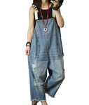 YESNO Women Loose Fit Denim Dungarees Casual Printed Baggy Jumpsuit Distressed Long Wide Leg Overalls Jeans Pants Trousers P49UK BLUE M