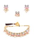 ZAVERI PEARLS Blue & Pink Meenakari Lotus Design Choker Necklace Earring & Ring Set For Women-ZPFK14435